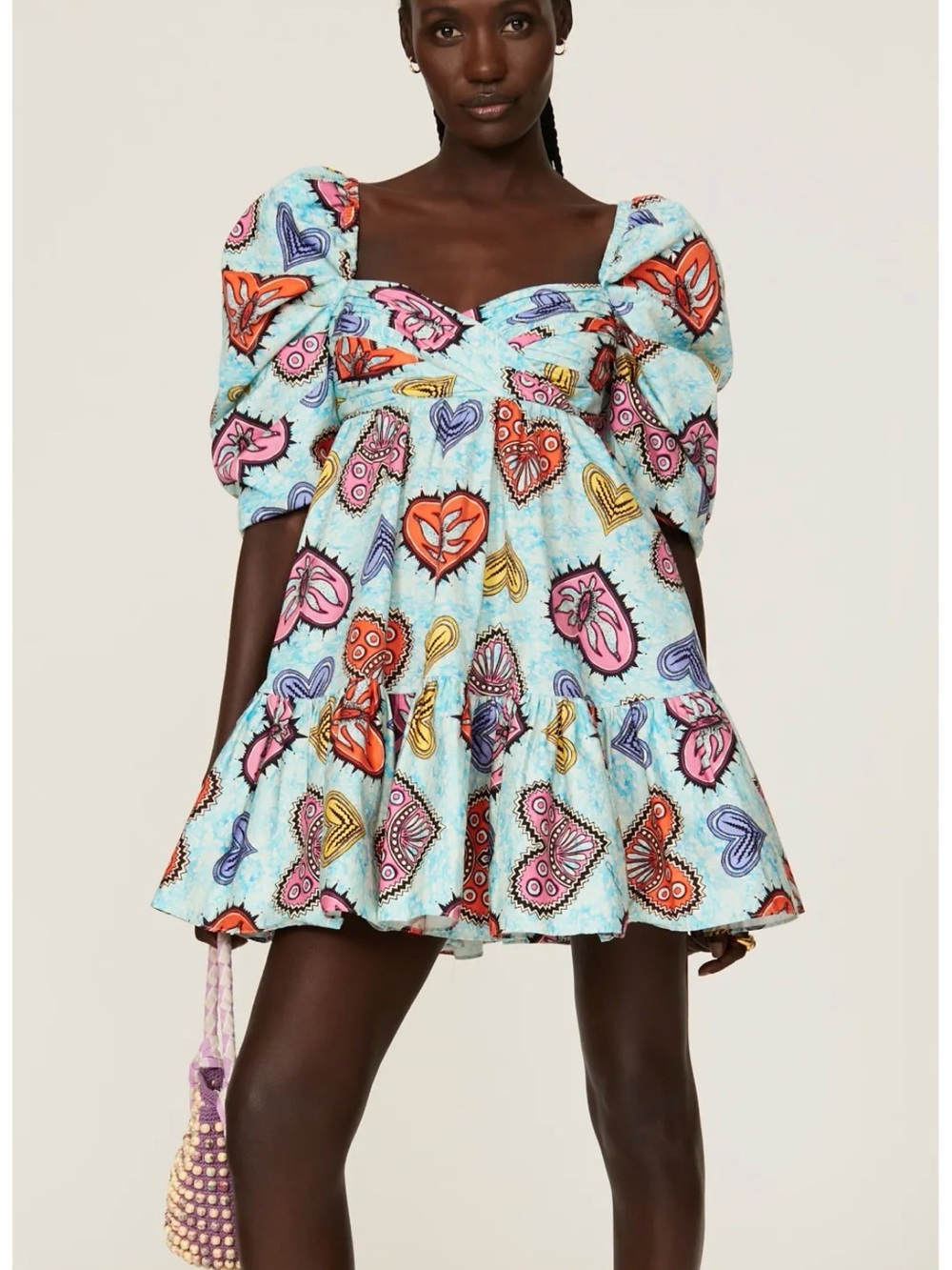 Autumn Adeigbo Aqua Heart-Print Puff Sleeve Mini Dress